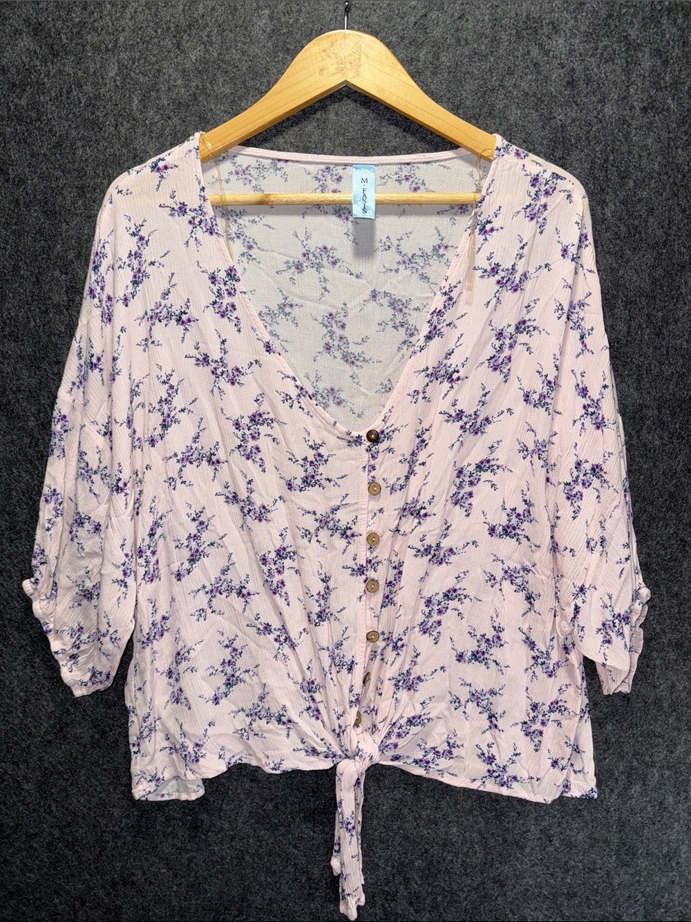 M Fasis  Pink Floral Button-Front Tie-Hem Women’s Top